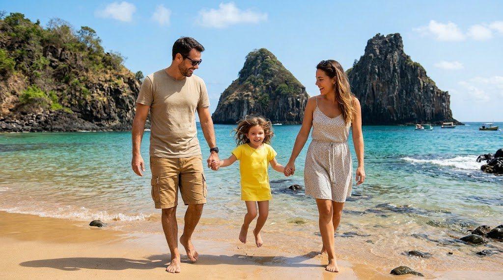 Família de mãos dadas caminhando em uma praia de águas claras